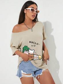 INAWLY 女款露肩卡通動物圖案所有搭配短袖T恤 - 卡其色 - 查看 5