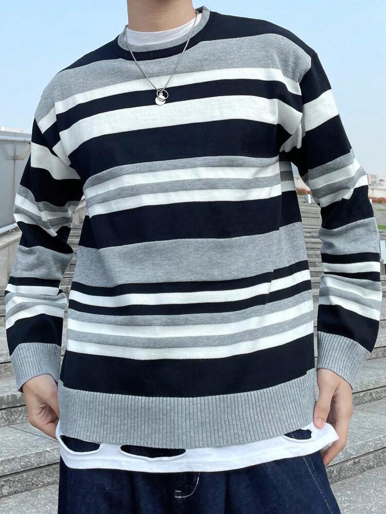 Men's Round Neck Stripe Drop Shoulder Sweater