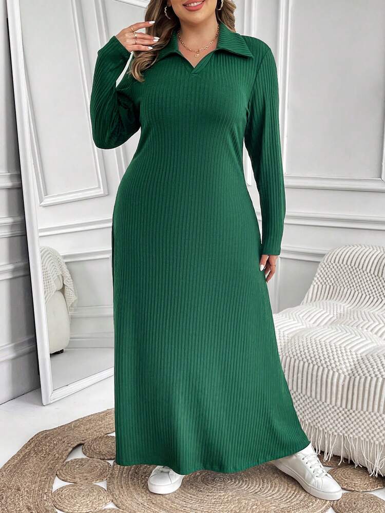 Plus Size Solid Color Turn-down Collar Dress
