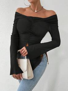 Chiquease Viền bất đối xứng lệch vai Ôm sát áo có xẻ bên - màu đen - Xem 4
