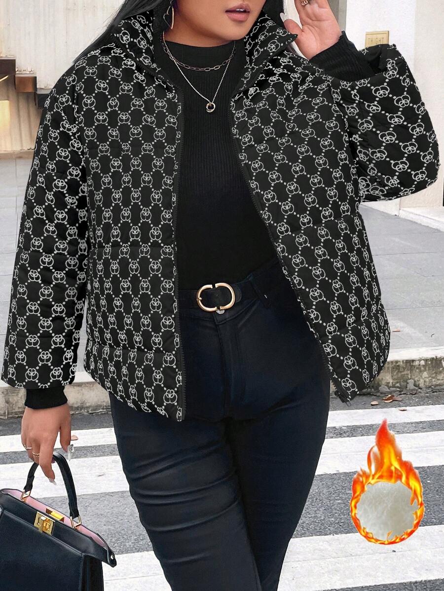 Celure 加大码 全身印花 加厚 夹棉 外套 冬季保暖 - 黑色 - 查看 1