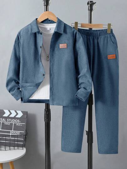 SHEIN Tween Boy Solid Color Shirt & Long Pants Set With Patched Details