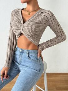 SHEIN Unity Ladies' Hollow Out Knitted Cropped Pullover Sweater Fall Winter - Camel - View 6
