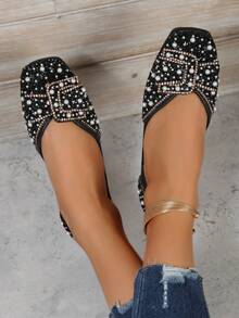2023 New Arrival Elegant Pearl & Rhinestone Decor Slip-On Flat Shoes For Women With Low Vamp & Square Toe And Soft Sole, Ideal For Spring, Autumn - Black - View 2