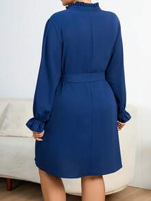 Celure Plus Size Notched Collar Ruffle Sleeve Belted Dress - Royal Blue - View 2