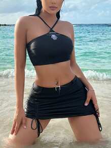 SHEIN Swim Women's Halter Neck Ruffled Separated Swimming Suit, 3pcs/Set Summer - Black - View 1