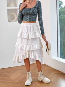 Soleia 女性純色多層鬆緊不對稱裙襬 - 白色 - 查看 6