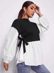 SHEIN EZwear 綁帶側邊燈籠袖2合1上衣 - 黑與白 - 查看 1