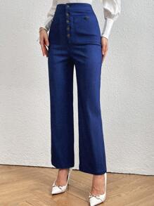 SHEIN Privé Pantalones Acampanados De Mujer Con Botones Delanteros - Azul - Ver 5