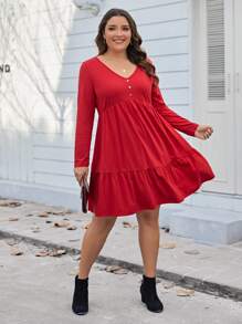 SHEIN LUNE Plus Size V-neck Ruffled Long-sleeve Dress