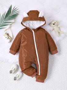 SHEIN Em bé Con trai Dễ thương Thiết kế Lông cừu mềm áo có mũ Tay áo dài Áo liền quần Với Lót Và Khâu - màu nâu - Xem 1