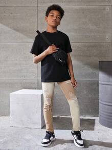 男孩時尚舒適彈性牛仔褲，具有復古水洗石破洞細節和拼色設計 - 卡其色 - 查看 3