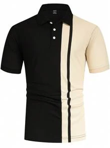 Manfinity Homme Men Color Block Quarter Button Work Casual Polo Shirt, Boyfriend Gift - Black - View 4