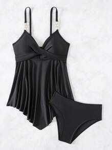 SHEIN Swim Bộ đồ bơi hai mảnh họa tiết chữ thập màu trơn mùa hè - màu đen - Xem 4