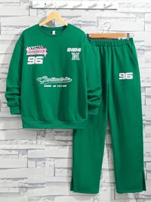 SHEIN Bộ áo nỉ cổ tròn in họa tiết thoải mái cho bé trai tuổi teen và quần len ống đứng xẻ tà, chất liệu nỉ, dày dặn - màu xanh lá - Xem 2
