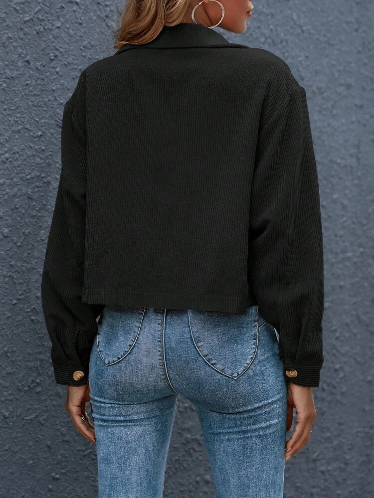 Button Front Patch Pocket Cord Jacket Fall Winter Cloth For Women