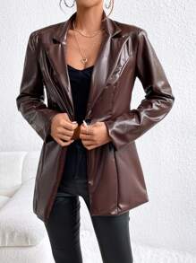 SHEIN Privé Women'S Lapel Collar Pu Leather Blazer - Coffee Brown - View 4