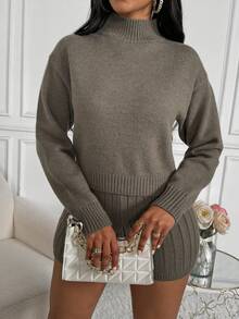 SHEIN SXY 2 cái/bộ Lỏng lẻo phù hợp Vòng cổ Áo thun Và Sọc Quần short chân rộng - Màu nâu  Mocha - Xem 5