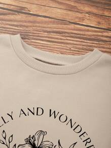 SHEIN EZwear Của phụ nữ Vòng cổ Hoa Và Slogan In Áo nỉ - Màu be - Xem 4