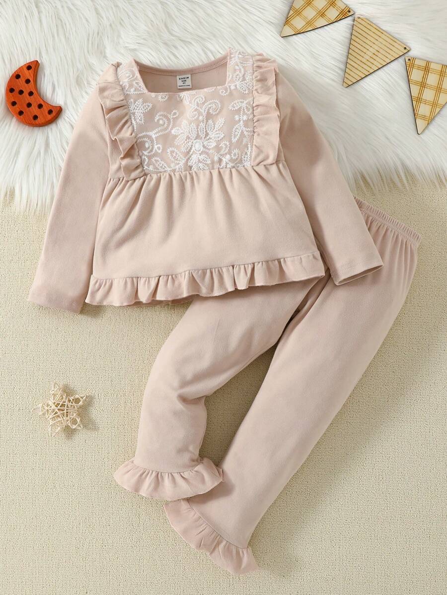 SHEIN Hàng mới đến 2 cái/bộ Dễ thương Xếp nếp Cắt tỉa Cô gái Bộ mặc nhà , Tất cả các mùa - Hồng - Xem 1