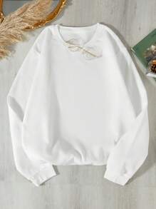 SHEIN EZwear 大尺碼女士雕塑印花抓毛套頭衫 - 白色 - 查看 2