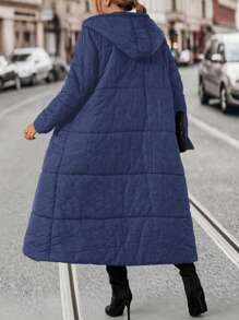 SHEIN LUNE 大码连帽长款加厚棉服外套冬季衣服带补丁 - 藏蓝色 - 查看 2