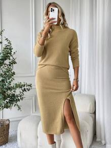 SHEIN LUNE Robe À Manches Longues À Col Montant Et Couleur Unie Pour Femmes Avec Fentes Latérales En Deux Parties - Camel - Voir 4