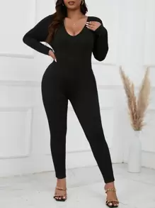 SHEIN EZwear 大碼深V領素色連身褲