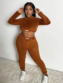 Slaydiva Alphabet Cropped Teddy Top And Trousers Two-piece Set - Redwood - View 6
