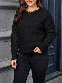 Calvaya Plus Cable Knit Drop Shoulder Hooded Sweater Knit Pullover Fall Winter Sweater - Black - View 6