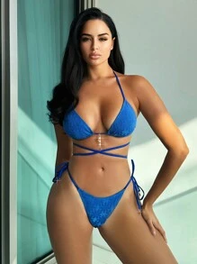 SHEIN Swim Summer Ladies' Halter Neck Bikini Set - Blue - View 1