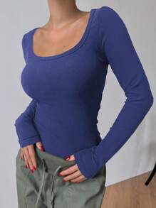 DAZY Của phụ nữ Màu thuần Thon gọn Lông cừu Tay áo dài Áo thun - Xanh đậm - Xem 3