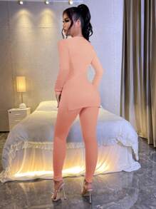 SHEIN SXY Women's Slim Fit Two Piece Set With Split Hem Design - Pink - View 2