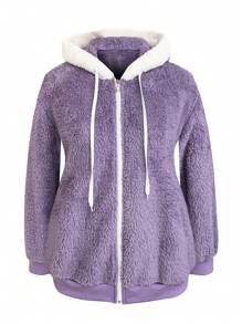 SHEIN Chaqueta de sudadera minimalista de manga larga con cremallera frontal y parches de color liso en talla grande - Lila Púrpura - Ver 3
