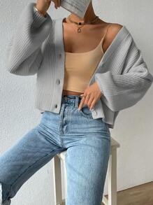 SHEIN EZwear 落肩袖燈籠袖條紋針織開襟衫 - 淺灰色 - 查看 1