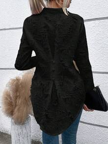 SHEIN LUNE 女性款v領開衩卷起袖子襯衫 - 黑色 - 查看 2