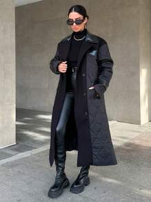 EURMUSE Women's Long Patchwork Padded Coat - Black - View 7