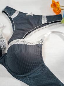 Women's Splicing Lace Underwire Bra Set - Teal Blue - View 3