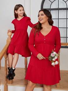 SHEIN LUNE Plus Size V-neck Ruffled Long-sleeve Dress