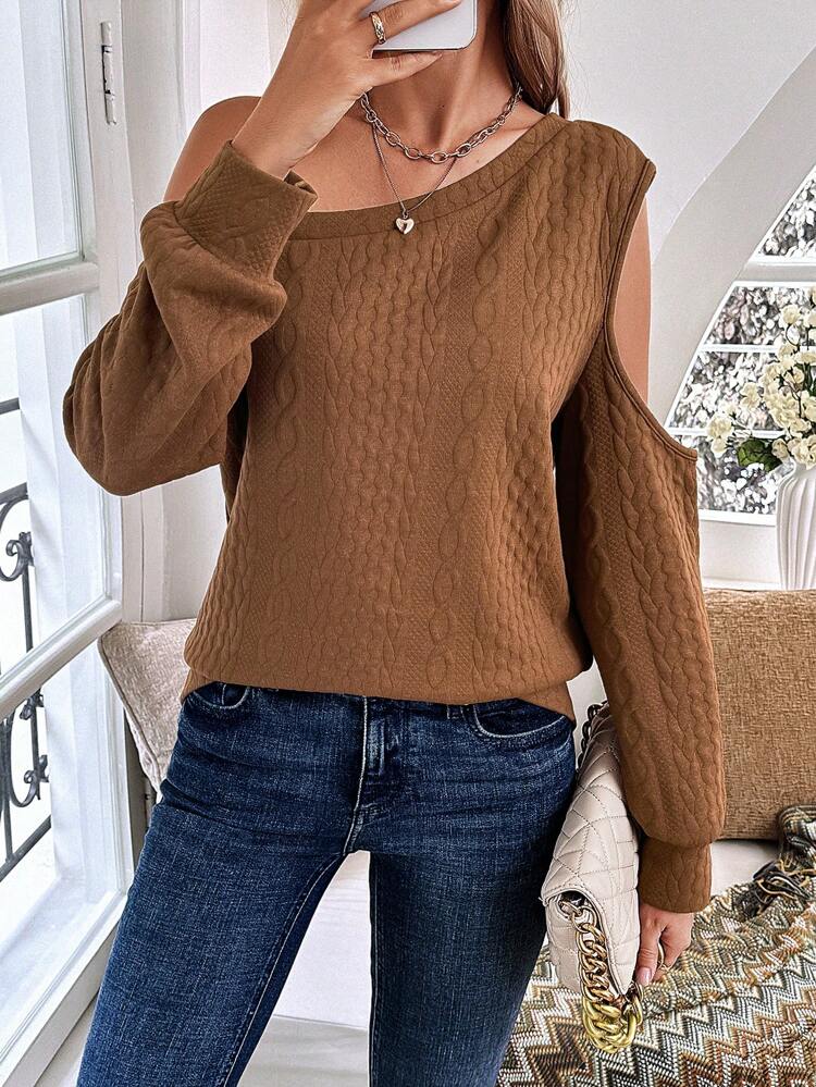 Women's Asymmetrical Shoulder Cable Knit Sweatshirt Pullover Fall Sweatshirt