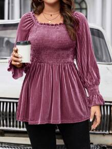 Celure Kích thước lớn Tay áo xù Nếp uốn Áo thun Với Viền trang trí - Màu tím - Xem 3