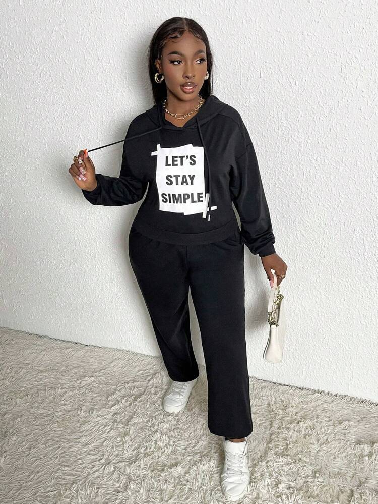 Slogan Printed Drop Shoulder Hoodie With Drawstring And Sweatpants Set