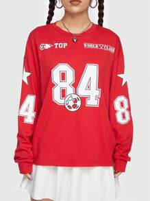 ROMWE Street Life Outdoor Streetwear Vintage Sports Style Loose Fit Printed T-shirt - Red - View 2