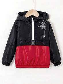 SHEIN Toddler Boys' Hooded Zipper Jacket With Half Placket, Letter Patch And Spider Print - Black - View 1