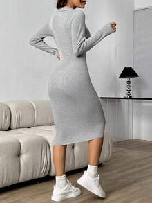 SHEIN Unity Của phụ nữ Collared Tay áo dài Đầm Áo len - Xám - Xem 2