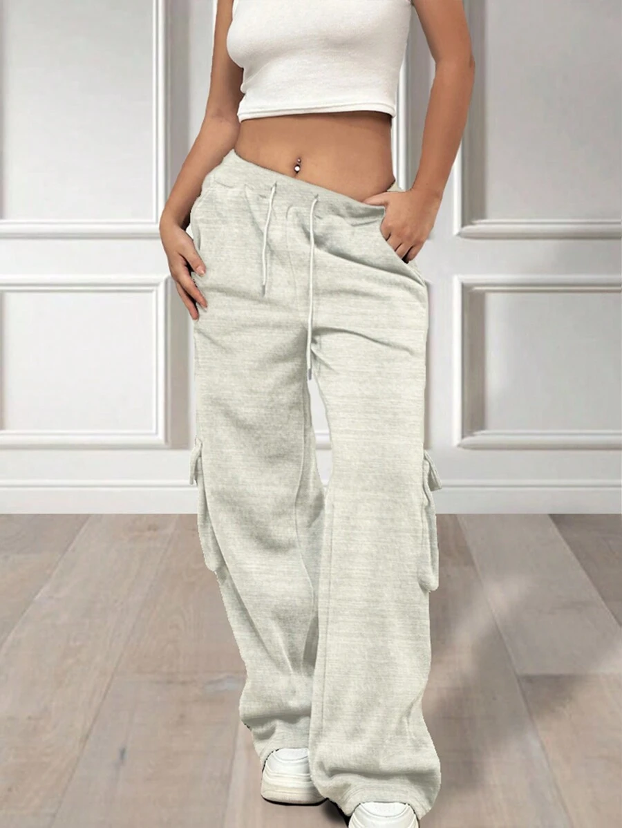 SHEIN Unity Women'S Drawstring Waist Cargo Sweatpants With Pockets - Light Grey - View 1