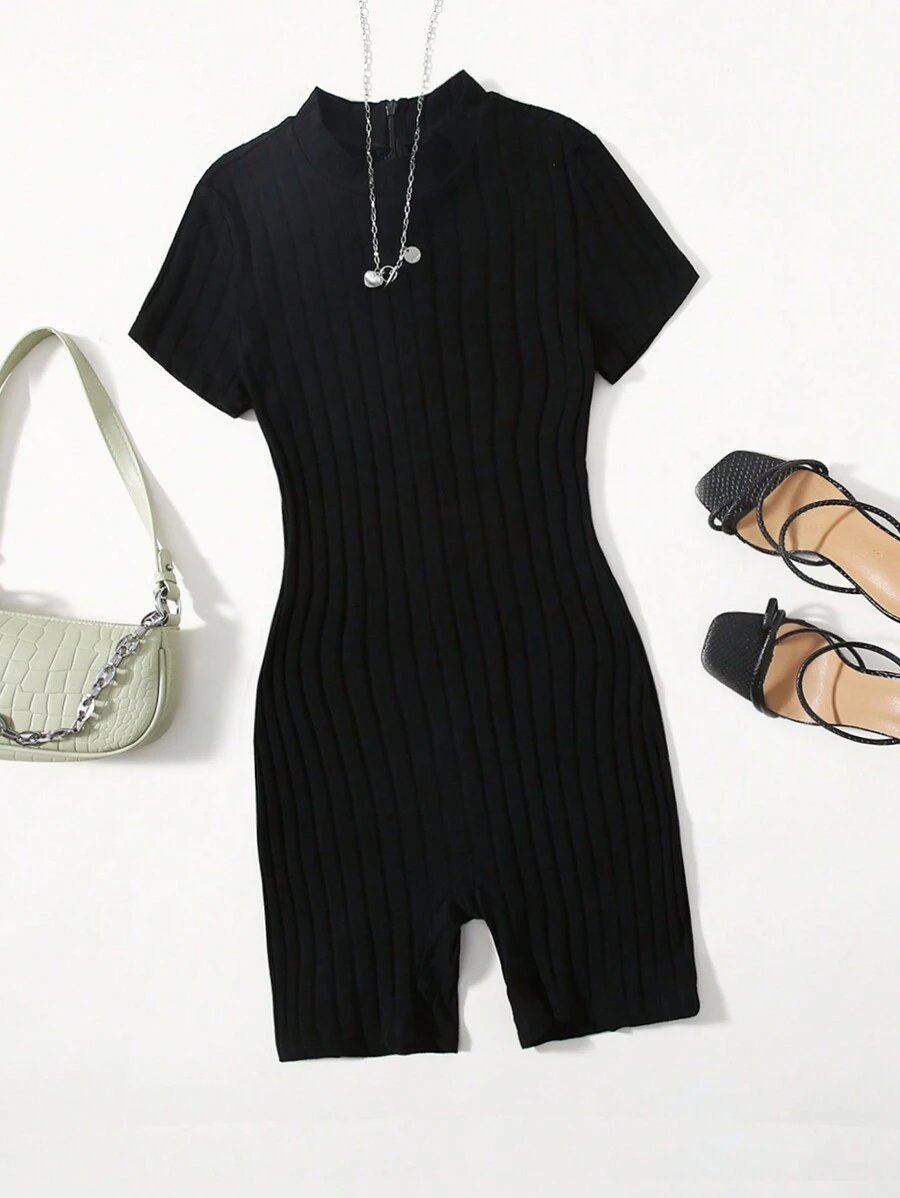 SHEIN EZwear Summer Outfits Mock Neck Rib-Knit Unitard Back Romper - Black - View 1