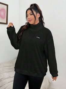 SHEIN EZwear 女款大尺碼立領字母貼片長袖運動衫 - 黑色 - 查看 5
