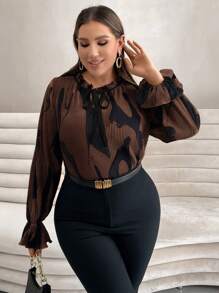 SHEIN Privé 大碼褶皺腰帶襯衫 - 棕色 - 查看 4