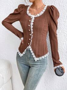 SHEIN Privé Ladies' Lace Patchwork Puff Sleeve Jacket - Coffee Brown - View 5